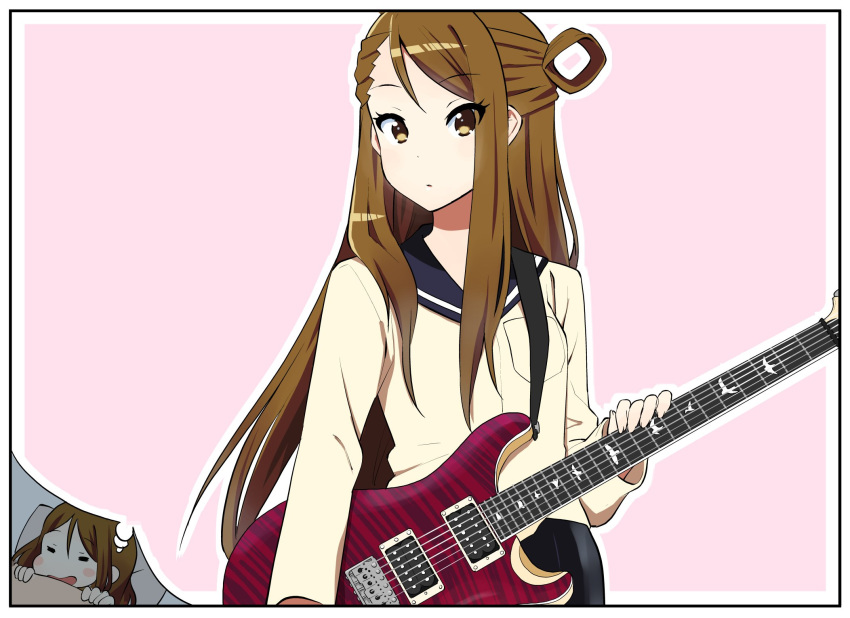 blanket blanket_grab brown_eyes brown_hair closed_eyes commentary_request dreaming electric_guitar female guitar hair_down hair_rings highres hikarigaoka_high_school_uniform holding holding_instrument imagining instrument k-on! k-on!_shuffle kakifly long_hair looking_at_viewer official_art pillow pink_background sawabe_maho school_uniform simple_background sleeping solo thought_bubble under_covers uniform