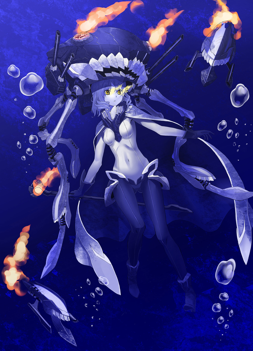 abyssal_ship air_bubble bad_id bad_pixiv_id bodysuit breasts bubble cape covered_navel enemy_aircraft_(kancolle) female fire fujimo_ruru gloves glowing glowing_eyes grey_hair highres kantai_collection medium_breasts options_(shmup) pale_skin parted_lips photoshop_(medium) short_hair solo staff underwater wo-class_aircraft_carrier yellow_eyes