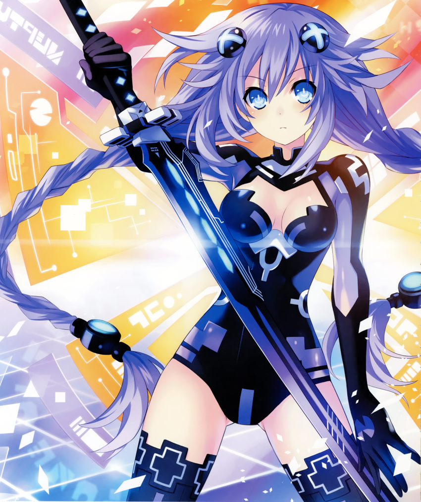 absurdres artbook black_leotard black_thighhighs blue_eyes blush braid breasts breasts_apart choujigen_action_neptune_u cleavage_cutout clothing_cutout cowboy_shot cropped emblem female fighting_stance floating_hair glint gloves headgear highres hip_focus holding holding_weapon huge_weapon legs_apart leotard long_hair looking_at_viewer medium_breasts neon_trim neptune_(series) official_art power_symbol power_symbol-shaped_pupils purple_hair purple_heart_(neptunia) scan serious solo sword symbol-shaped_pupils thighhighs tsunako turtleneck twin_braids very_long_hair weapon