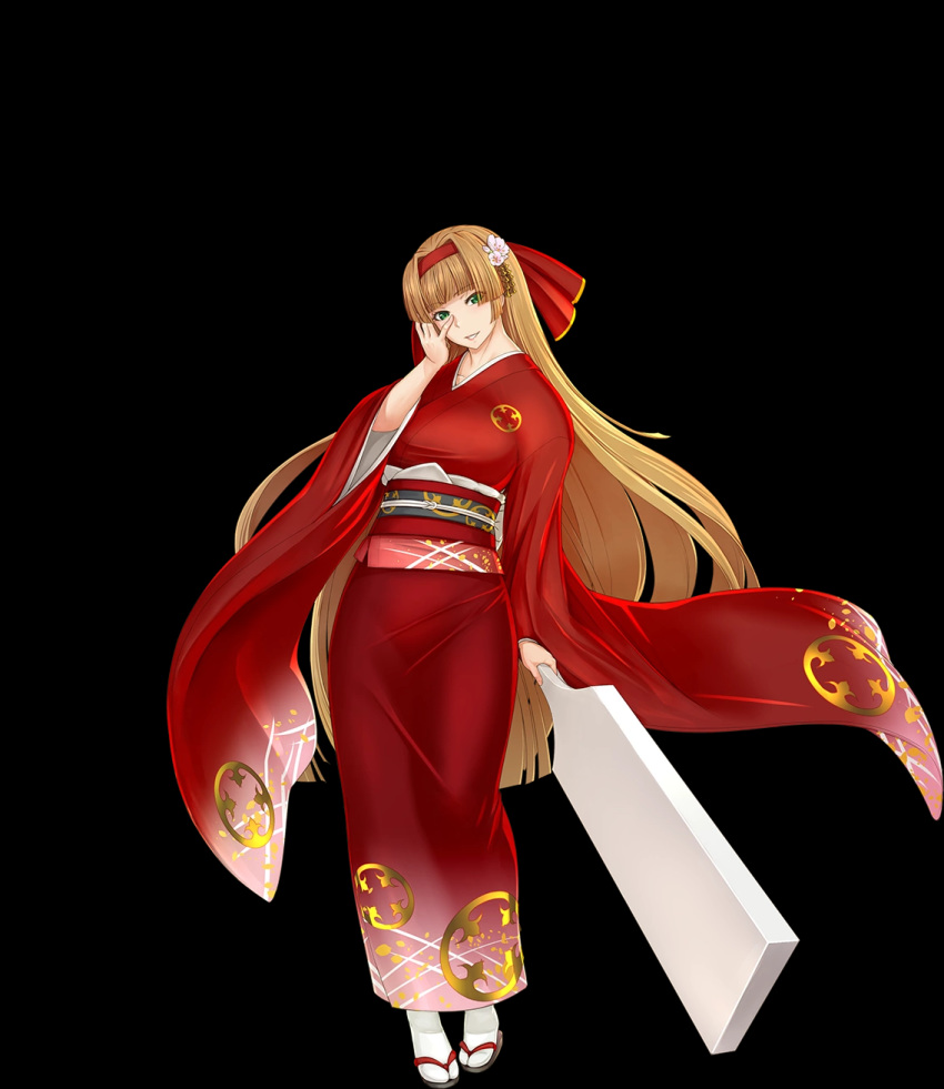 black_background brown_hair female full_body green_eyes hair_ornament hand_up headband highres japanese_clothes kimono long_hair official_art paddle rean_(sennen_sensou_aigis) red_headband red_kimono sandals sennen_sensou_aigis simple_background smile solo standing tabi very_long_hair white_legwear