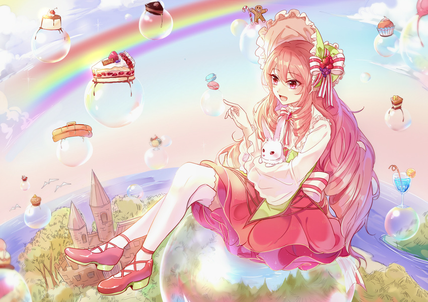 bad_id bad_pixiv_id bird bow bunny cake crossed_legs day eyebrows_visible_through_hair food hair_between_eyes hairbow highres long_hair neck_ribbon original outdoors pink_hair rainbow red_eyes red_skirt ribbon sitting skirt solo striped striped_bow striped_ribbon thighhighs very_long_hair white_legwear xinghuo