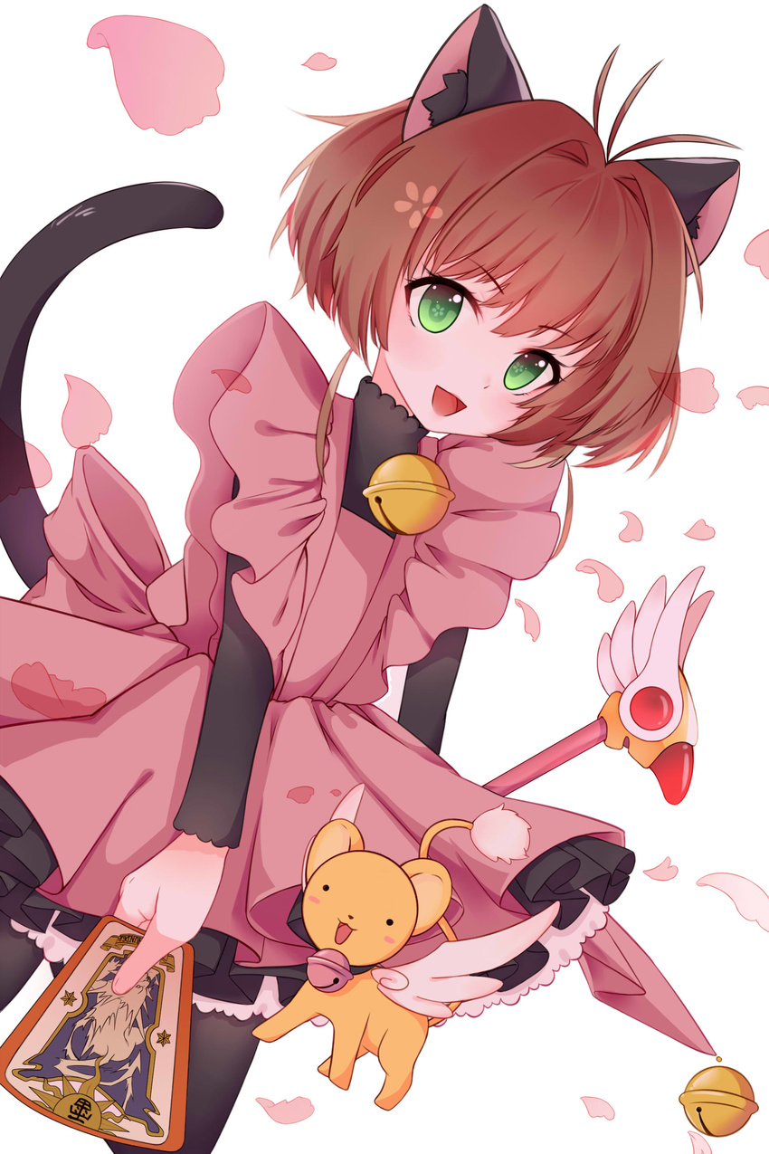 :d absurdres aka_aka animal_ears bell black_dress black_legwear brown_hair card cardcaptor_sakura cat_ears cat_tail collar commentary_request dress female fuuin_no_tsue green_eyes highres kero_(cardcaptor_sakura) kinomoto_sakura kinomoto_sakura_(pink_kitty_costume) looking_at_viewer magical_girl neck_bell open_mouth pantyhose pink_dress playing_card short_hair smile staff symbol-shaped_pupils tail