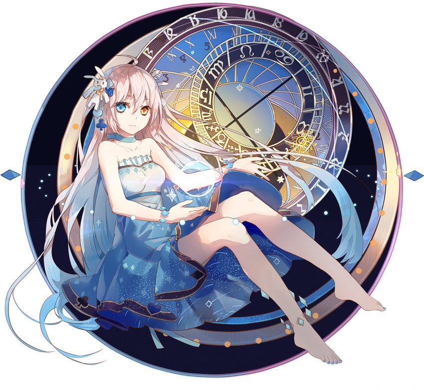 :| ahoge astrolabe bare_shoulders barefoot blue_dress blue_hair blue_nails character_request chinese_commentary choker closed_mouth club_(shape) commentary_request dress female fre_(haochilanzuo) full_body gradient_hair green_eyes hair_between_eyes hair_ornament heart heart_hair_ornament heterochromia highres invisible_chair kai-ri-sei_million_arthur long_hair looking_at_viewer million_arthur_(series) multicolored_hair nail_polish official_art rabbit_hair_ornament ribbon_choker roman_numeral silver_hair sitting solo starry_sky_print strapless strapless_dress toenail_polish toenails very_long_hair yellow_eyes zodiac