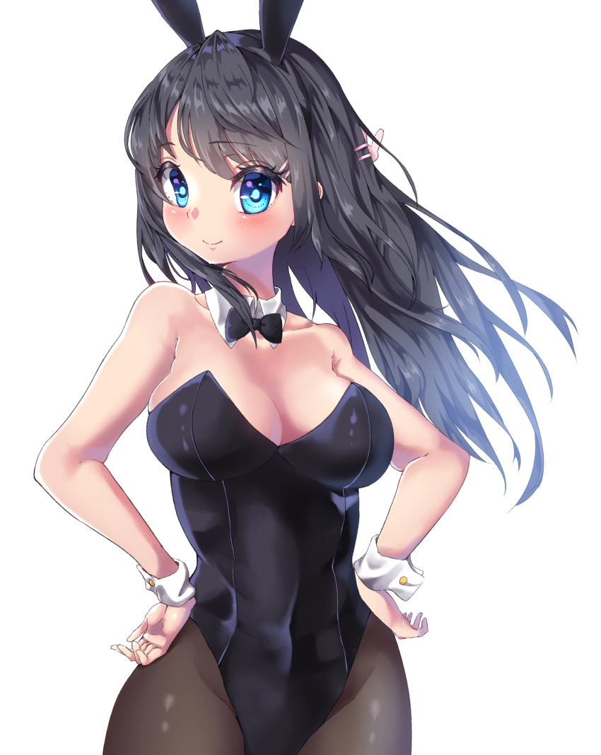 animal_ears black_bow black_bowtie black_hair black_leotard black_pantyhose blue_eyes bow bowtie breasts cleavage commentary_request detached_collar fake_animal_ears female hands_on_own_hips highres large_breasts leotard long_hair looking_at_viewer nasubi_(nasubi555) pantyhose playboy_bunny rabbit_ears sakurajima_mai seishun_buta_yarou simple_background smile solo strapless strapless_leotard white_background wrist_cuffs