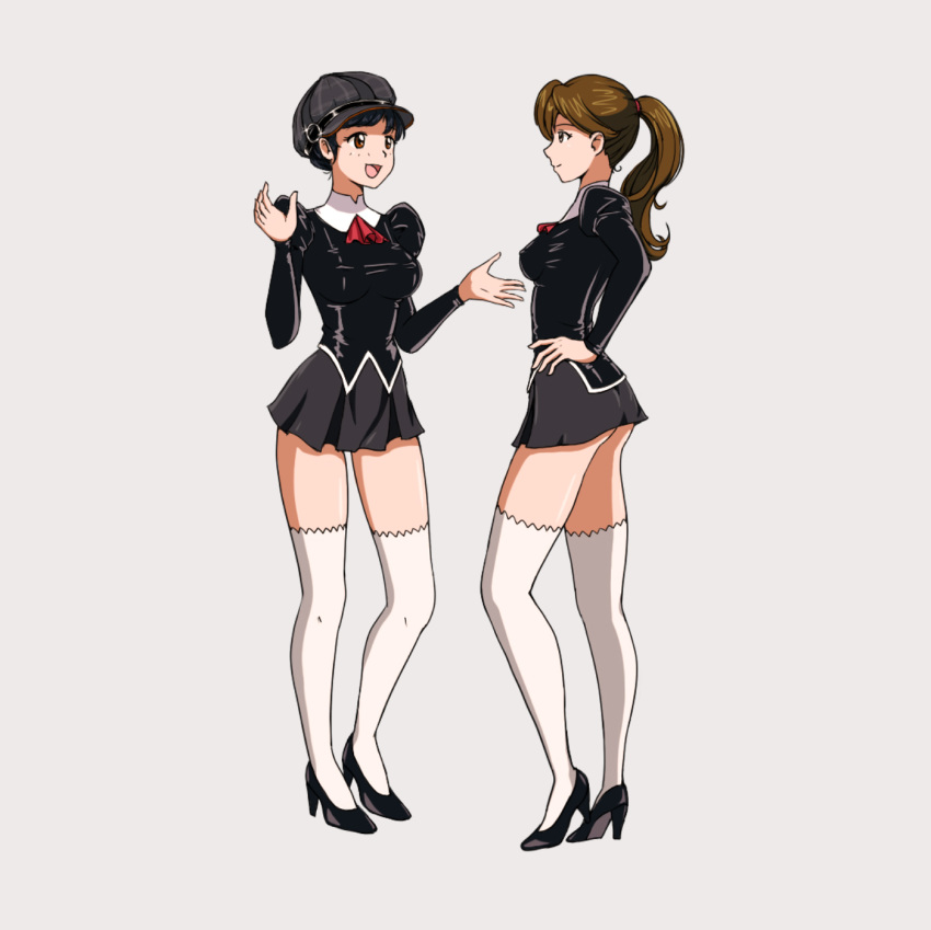 2girls agent_aika aika_(series) ascot black_delmo black_footwear black_hair black_hat black_jacket black_skirt brown_eyes brown_hair cabbie_hat closed_mouth commentary_request covered_nipples delmogeny_uniform extra full_body hand_on_own_hip hands_up hat high_heels highres jacket juliet_sleeves long_sleeves multiple_girls official_style open_mouth photoshop_(medium) pleated_skirt ponytail puffy_sleeves red_ascot short_hair skirt smile standing thighhighs thighs turnip007 uniform white_legwear