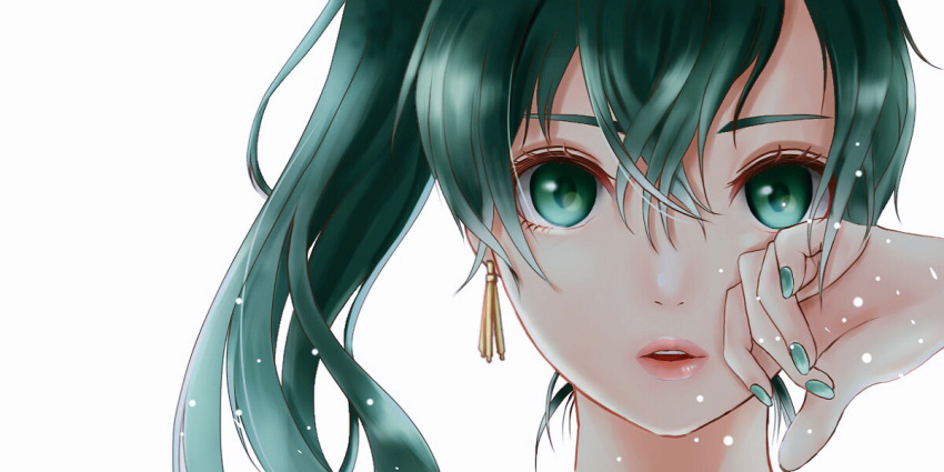 aplche bad_id bad_pixiv_id close-up earrings female fire_emblem fire_emblem:_the_blazing_blade green_eyes green_hair green_nails hand_on_own_face jewelry lips long_hair lyn_(fire_emblem) nail_polish open_mouth ponytail simple_background solo white_background