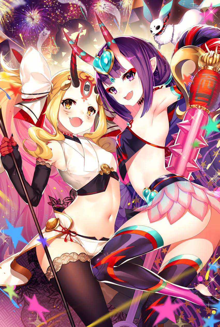 2girls :d \m/ absurdres aerial_fireworks animal arrow_(tamawo222) ass black_gloves blonde_hair blurry blurry_background blush breasts brown_eyes brown_legwear chinese_clothes commentary_request creature crop_top depth_of_field dudou elbow_gloves facial_mark fangs fate/grand_order fate_(series) fingerless_gloves fingernails fireworks forehead_mark gloves haku_(fate) halloween headpiece heart highres horns ibaraki_douji_(fate) ibaraki_douji_(swimsuit_lancer)_(fate) ibaraki_douji_(swimsuit_lancer)_(third_ascension)_(fate) jack-o'-lantern lace lace-trimmed_legwear lace_trim long_hair micro_shorts midriff multiple_girls navel oni open_mouth purple_eyes purple_hair purple_legwear shorts shuten_douji_(fate) shuten_douji_(halloween_caster)_(fate) sidelocks skin-covered_horns small_breasts smile spikes stirrup_legwear thighhighs toeless_legwear twintails very_long_hair white_shorts