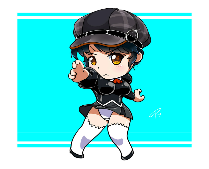 agent_aika aika_(series) arm_up ascot black_delmo black_footwear black_hair black_hat black_jacket black_skirt blush brown_eyes cabbie_hat chibi commentary crotch_seam delmogeny_uniform extra female fighting_stance full_body glint hat high_heels highres jacket juliet_sleeves long_sleeves panties pantyshot pleated_skirt puffy_sleeves red_ascot short_hair signature skirt solo standing thighhighs thighs turnip007 two-tone_background underwear uniform v-shaped_eyebrows wavy_mouth white_panties white_thighhighs wind wind_lift