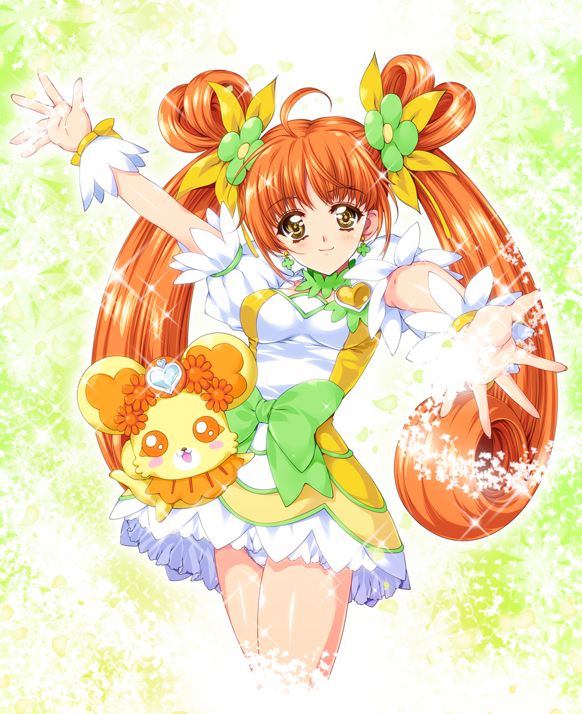 ahoge bow brooch brown_eyes brown_hair choker commentary_request creature cure_rosetta curly_hair dokidoki!_precure double_bun earrings female flower green_choker hair_bun hair_flower hair_ornament hair_ribbon heart heart_brooch highres jewelry long_hair magical_girl outstretched_hand photoshop_(medium) precure puffy_sleeves rance_(dokidoki!_precure) ribbon skirt smile sparkle tamiya_akito twintails waist_bow wrist_cuffs yotsuba_alice