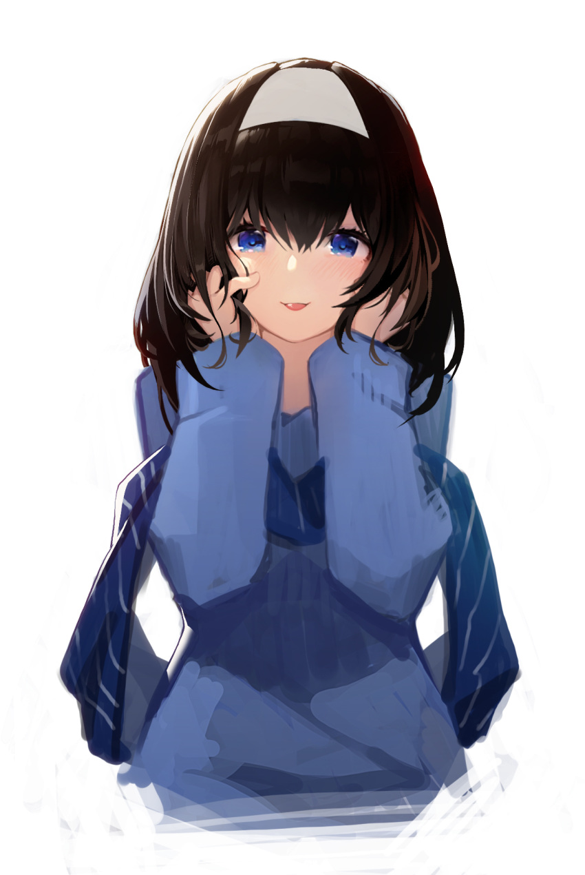 blue_eyes blue_scarf blue_sweater blush brown_hair commentary_request female hairband highres idolmaster idolmaster_cinderella_girls long_sleeves looking_at_viewer parted_lips photoshop_(medium) rheez ribbed_sweater sagisawa_fumika scarf simple_background smile solo sweater upper_body white_background