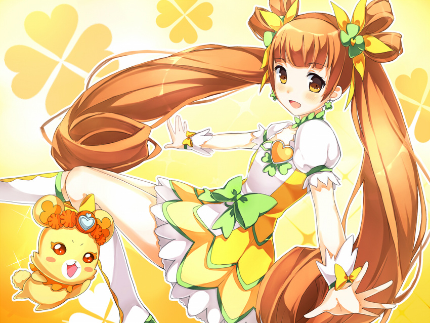 :d blush bow brooch choker clover clover_hair_ornament commentary_request cure_rosetta dokidoki!_precure female four-leaf_clover four-leaf_clover_hair_ornament green_choker hair_ornament heart heart_brooch jewelry nimame_(chickbeans) open_mouth orange_eyes orange_hair outstretched_arms outstretched_hand precure rance_(dokidoki!_precure) smile solo twintails waist_bow yotsuba_alice