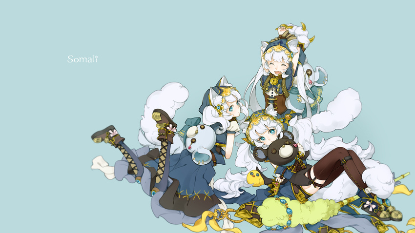 animal_ears bell blue blue_eyes boots catgirl corset crown cryptract long_hair marchen_noir stockings tagme_(character) thighhighs twintails white_hair