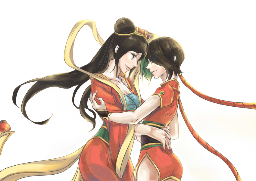 2girls absurdres alternate_costume alternate_hairstyle annie_wong black_hair breasts china_dress chinese_clothes cleavage commentary_request double_bun dress eye_contact firecracker_jinx forehead-to-forehead green_hair guqin_sona hagoromo hair_bun hair_tubes hanfu heads_together highres hug jinx_(league_of_legends) league_of_legends long_hair long_sleeves looking_at_another low_twintails medium_breasts multicolored_hair multiple_girls sash shawl short_dress side_slit sona_(league_of_legends) twintails waist_hug yuri