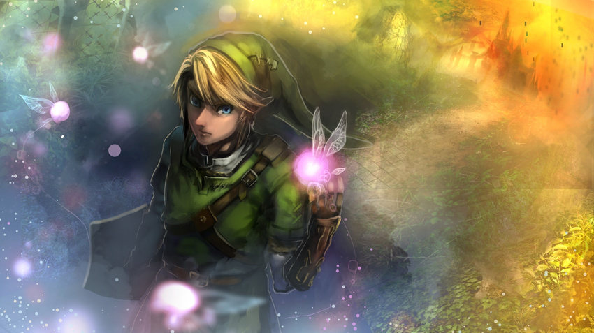 1boy bad_id bad_pixiv_id blonde_hair blue_eyes fairy fairy_wings green_hat hat highres link male_focus matcho pointy_ears solo the_legend_of_zelda the_legend_of_zelda:_twilight_princess twilight wings