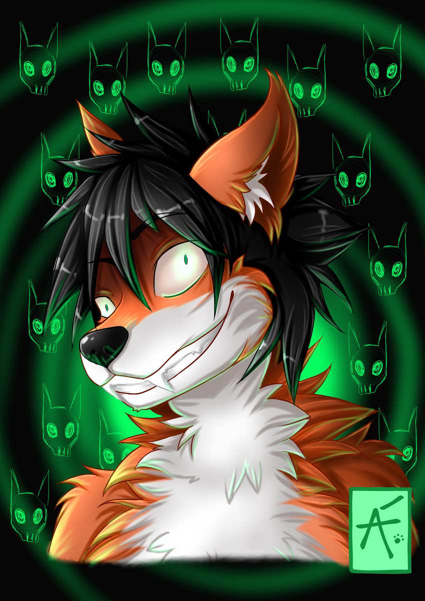 absurd_res anthro black_hair black_nose bust_portrait canid canine fox front_view fujiokaaika fur green_eyes hair hi_res inner_ear_fluff insane looking_at_viewer luan male mammal nude orange_body orange_fur portrait short_hair smile solo tuft white_body white_fur