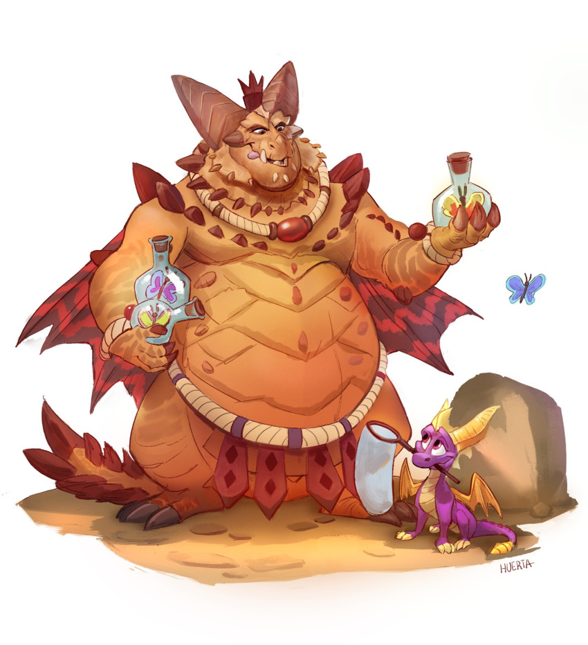 activision anthro arthropod belly bottle butterfly butterfly_net claws container dragon duo_focus feral gamutfeathers group hi_res holding_net horn insects lepidopteran magnus_(spyro) male mythological_creature mythological_scalie mythology net overweight overweight_anthro purple_body purple_eyes rescued_dragons_(spyro) scalie smile spikes spyro spyro_reignited_trilogy spyro_the_dragon tail tongue wings