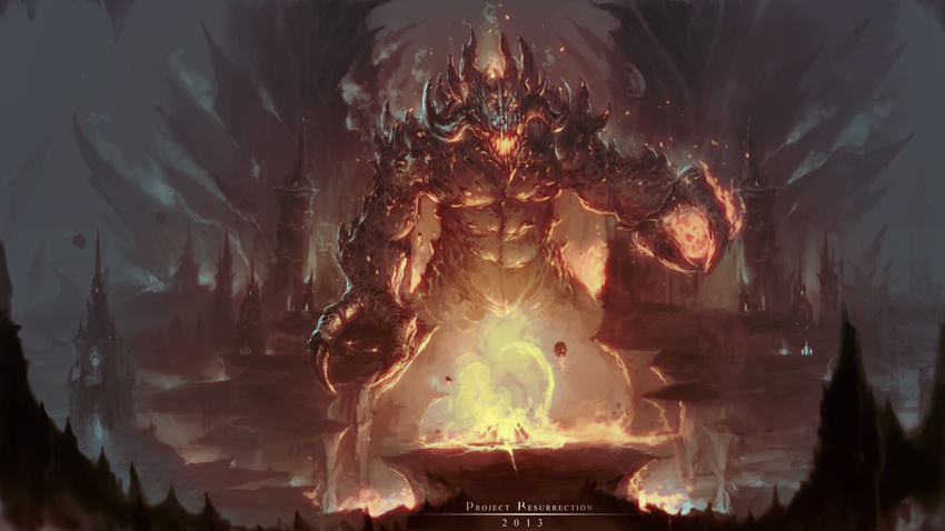 2013 cave chthon claws commentary_request cyl1981 demon english_text facing_viewer fangs fire highres monster no_humans outdoors photoshop_(medium) quake realistic tower wide_shot