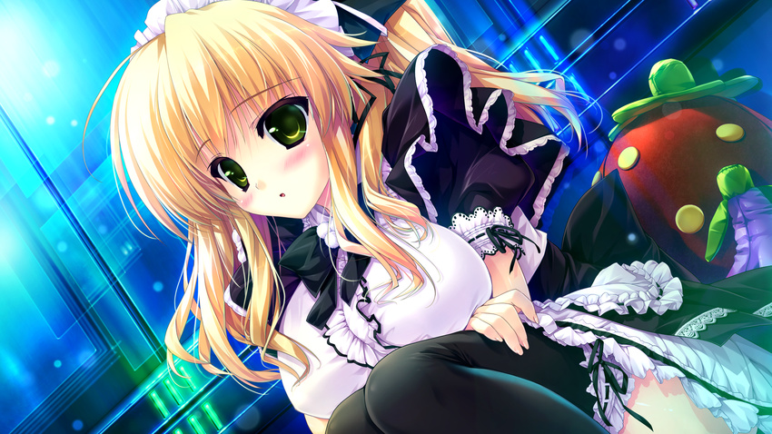 blonde_hair blush clochette game_cg prism_recollection shintaro thighhighs uisaki_hinano waitress