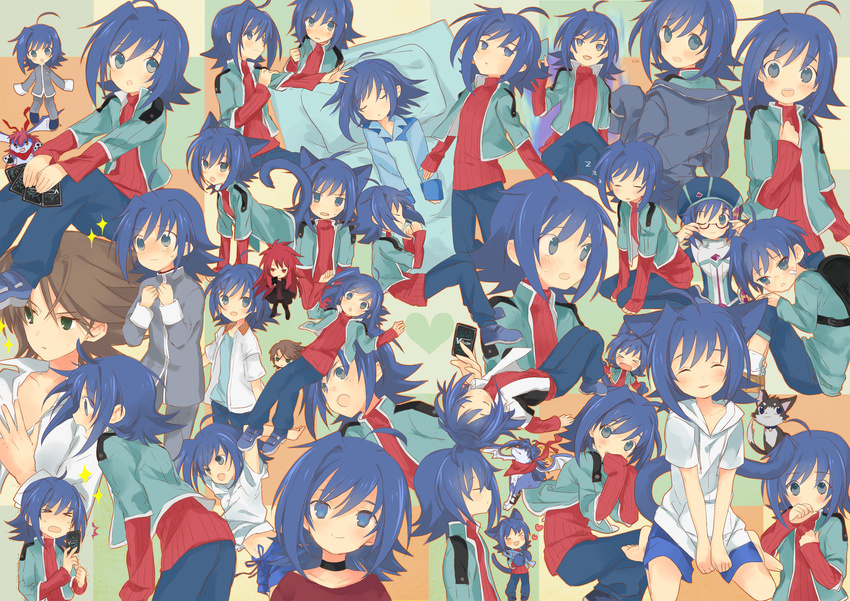 1boy ahoge bad_id bad_pixiv_id bear_(artist) blue_eyes blue_hair blush cardfight!!_vanguard collage highres male_focus sendou_aichi solo_focus