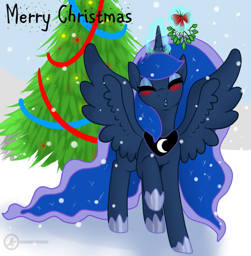 alicorn blue_body blue_feathers christmas closed_eyes equid equine feathered_wings feathers female feral friendship_is_magic hasbro hi_res holidays horn kissing kissing_bough looking_at_viewer magic mammal mistletoe my_little_pony mythological_creature mythological_equine mythology plant princess_luna_(mlp) singingbirdstudio solo wings