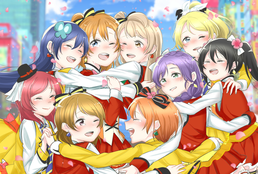 6+girls ^_^ ayase_eli blush brown_hair closed_eyes clover_earrings commentary_request crying crying_with_eyes_open earrings friends group_hug heart heart_earrings highres hoshizora_rin hug idol interlocked_fingers iromikan_(tomomickey) jewelry koizumi_hanayo kosaka_honoka looking_at_viewer love_live! love_live!_school_idol_project love_live!_the_school_idol_movie minami_kotori multiple_girls nishikino_maki one_eye_closed orange_hair smile sonoda_umi spade_(shape) spade_earrings sunny_day_song tears tojo_nozomi yazawa_nico