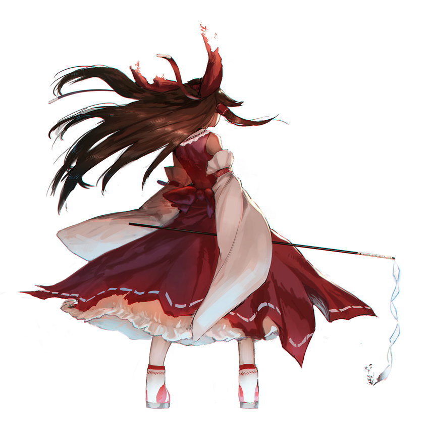 back bare_shoulders bow brown_hair commentary_request detached_sleeves dress female gohei hair_tubes hairbow hakurei_reimu highres kinketsu long_hair long_sleeves red_bow red_dress solo touhou very_long_hair wide_sleeves wind