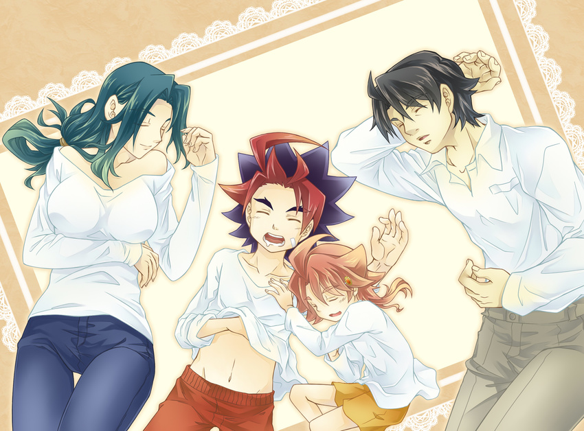 2boys 2girls ahoge black_hair blue_eyes blue_hair breasts brother_and_sister closed_eyes clothes_lift commentary_request family father_and_daughter father_and_son forked_eyebrows future_card_buddyfight highres hitsugi_kaname large_breasts long_hair mature_female mikado_gaou mikado_hanako mikado_suzumi mikado_takashi mother_and_daughter mother_and_son multicolored_hair multiple_boys multiple_girls navel red_hair shirt shirt_lift short_hair siblings sleeping