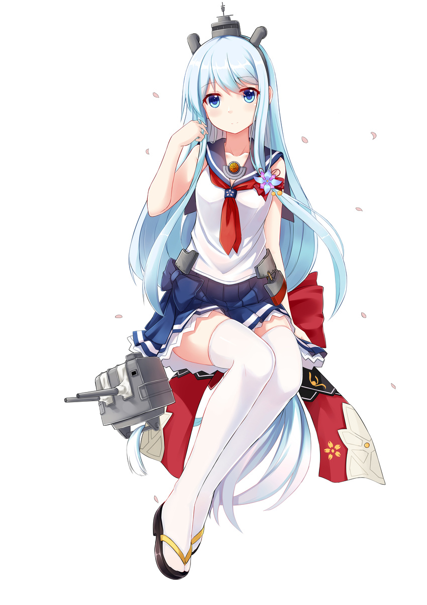 absurdres allenes aqua_hair blue_eyes breasts cannon collarbone commentary_request female full_body hairband hand_in_own_hair highres legs_together light_smile long_hair looking_at_viewer mecha_musume military military_vehicle miniskirt neckerchief official_art petals pleated_skirt rigging ruffling_hair sandals school_uniform serafuku ship shirayuki_(warship_girls_r) short_sleeves simple_background sitting skirt small_breasts solo thighhighs turret very_long_hair warship warship_girls_r watercraft white_background white_thighhighs