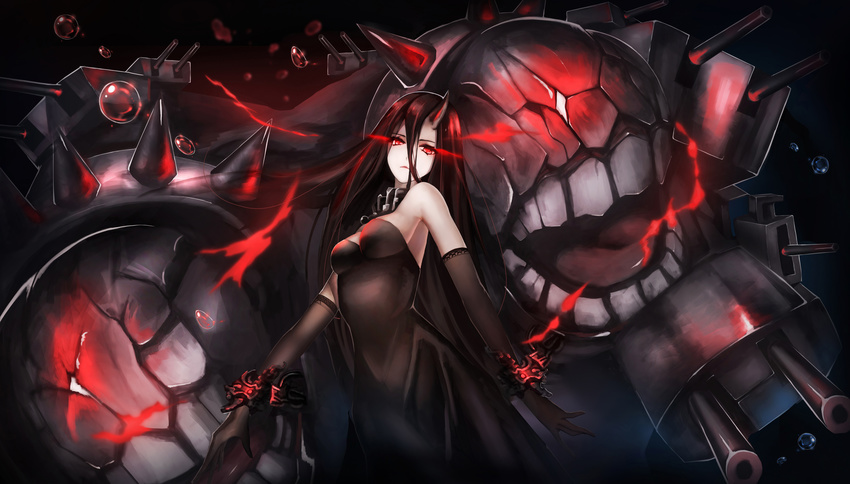 absurdres abyssal_ship air_bubble arms_at_sides bare_shoulders battleship_water_oni black_dress black_hair breasts bubble cannon chains closed_mouth collar commentary_request cuffs detached_collar dress expressionless female fire frown gloves glowing glowing_eyes hair_between_eyes highres horns kantai_collection lace lace_gloves large_breasts long_hair medium_breasts photoshop_(medium) red_eyes serious single_horn solo spikes straight_hair strapless strapless_dress turret underwater very_long_hair yun_lin