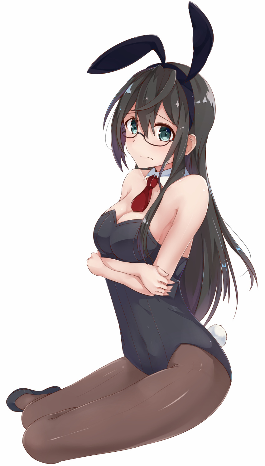 animal_ears black_footwear black_hair breasts brown_pantyhose commentary_request fake_animal_ears fake_tail female full_body glasses highres kantai_collection long_hair looking_at_viewer medium_breasts necktie ooyodo_(kancolle) pantyhose playboy_bunny rabbit_ears rabbit_tail red_necktie shoes simple_background solo tail white_background yoriha_yashiro