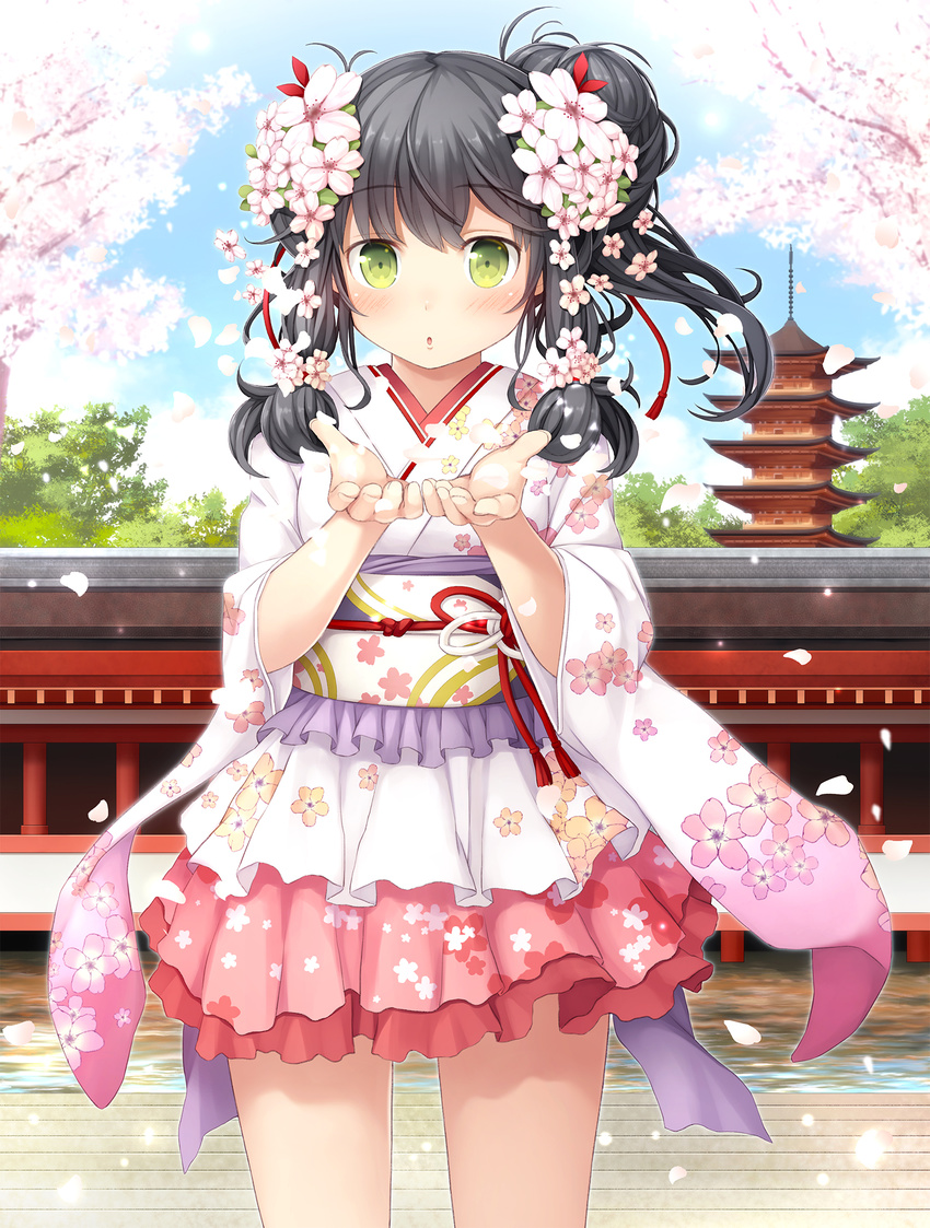 black_hair blush cherry_blossoms commentary_request female flower green_eyes hair_flower hair_ornament hair_ribbon highres japanese_clothes kimono lolita_fashion long_hair momoiro_taisen_pairon namaru_(summer_dandy) official_art outdoors petals photoshop_(medium) ribbon short_kimono side_ponytail skirt solo wa_lolita