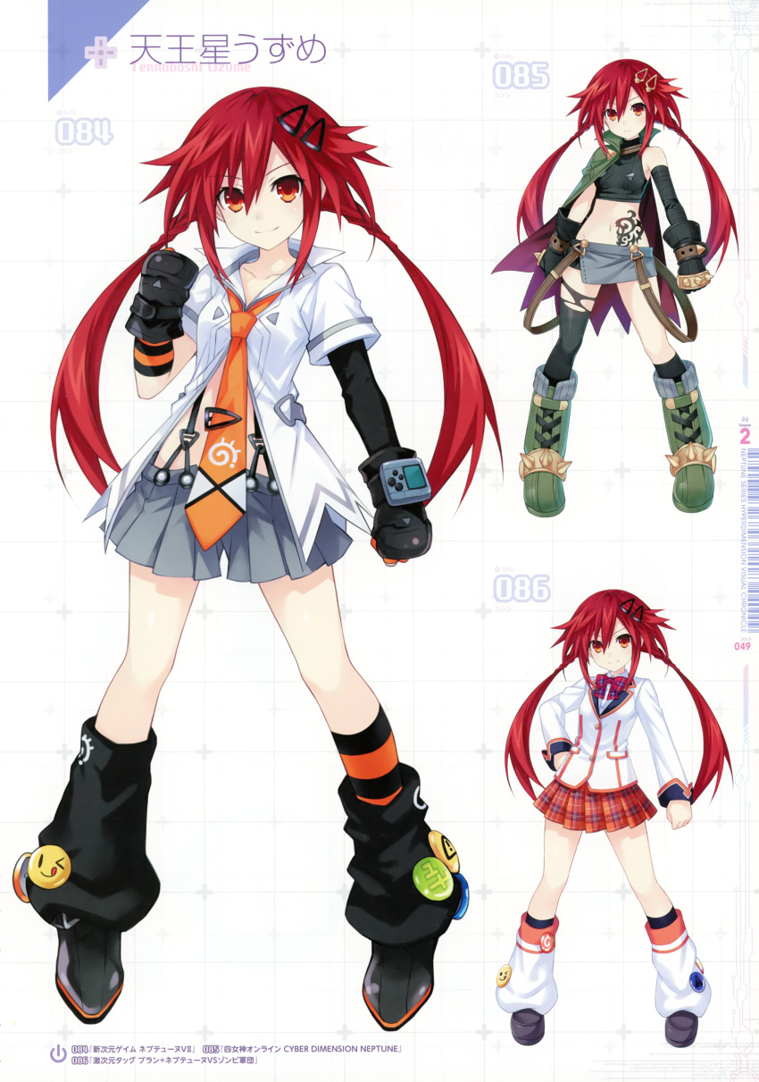 absurdres alternate_costume artbook asymmetrical_legwear badge bandages black_gloves black_legwear blazer boots bow bowtie brass_knuckles breasts button_badge cape character_name clenched_hand collarbone crop_top female four_goddesses_online:_cyber_dimension_neptune full_body gekijigen__blanc_+_neptune_vs_zombie_gundan gloves grid_background hair_ornament hairclip hand_on_own_hip hand_up highres jacket knee_boots kneehighs legs_apart loafers long_hair long_sleeves looking_at_viewer loose_socks midriff miniskirt multiple_views navel necktie neptune_(series) official_art orange_bow orange_eyes orange_necktie plaid plaid_skirt pleated_skirt red_hair scan school_uniform serious shin_jigen_game_neptune_vii shirt shoes short_sleeves single_kneehigh single_sock single_thighhigh skirt sleeveless small_breasts smile socks spiked_knuckles standing striped_clothes striped_socks suspenders tattoo tennouboshi_uzume thighhighs torn_clothes torn_thighhighs tsunako twintails uneven_legwear weapon white_shirt