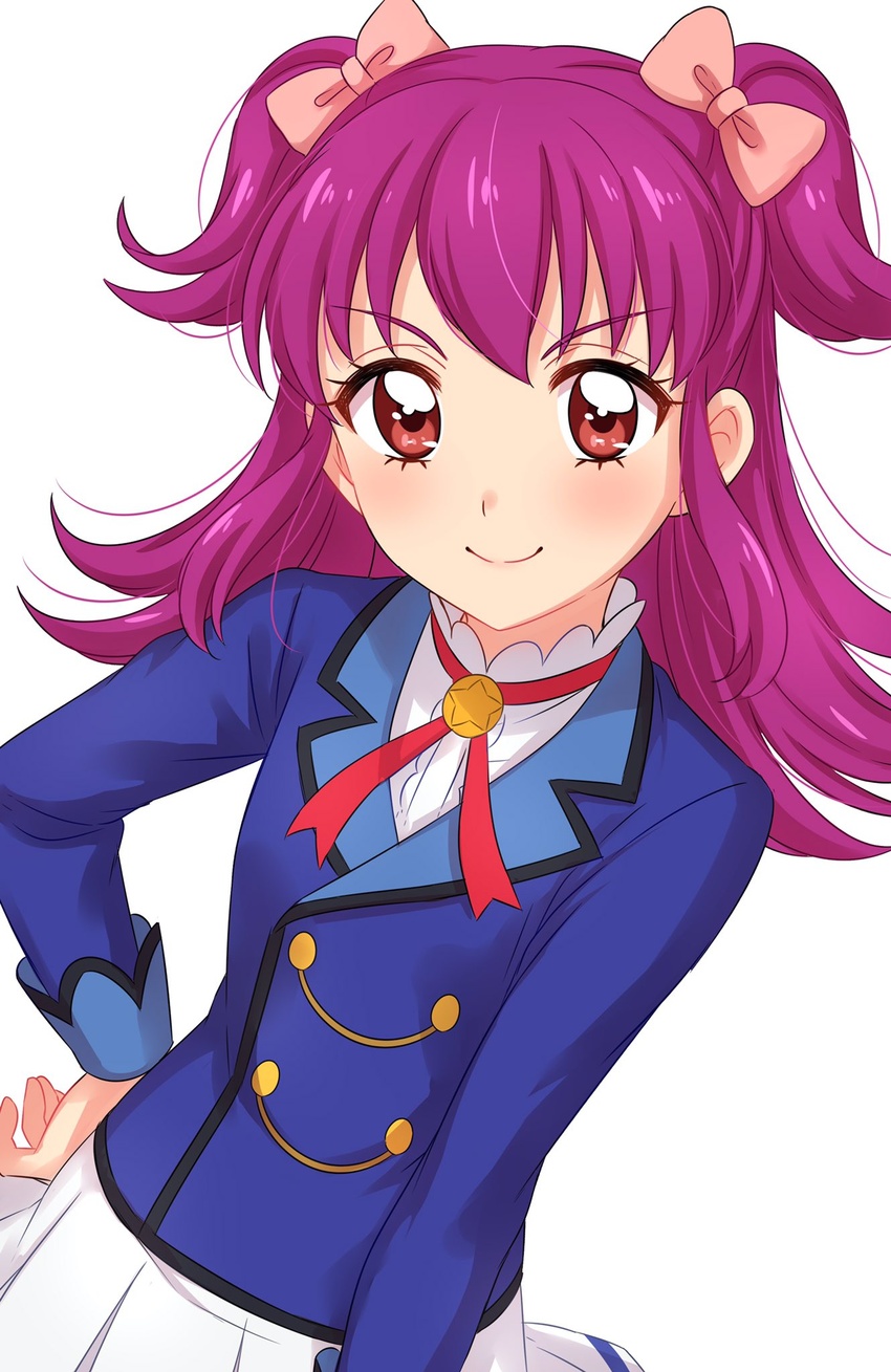 aikatsu! aikatsu!_(series) blue_jacket blush bow brown_eyes closed_mouth commentary_request female hairbow hand_on_own_hip highres jacket long_hair long_sleeves looking_at_viewer minowa_hikari neck_ribbon pink_bow pleated_skirt purple_hair red_ribbon ribbon school_uniform sekina shirt simple_background skirt smile solo starlight_academy_school_uniform two_side_up upper_body white_background white_shirt white_skirt