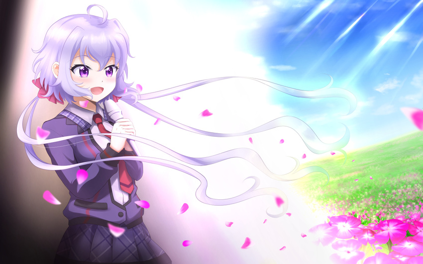 commentary_request female flower fortune_(seelefs) grass hair_ornament long_hair lydian_academy_school_uniform microphone music necktie purple_eyes purple_hair school_uniform senki_zesshou_symphogear singing skirt sky solo twintails yukine_chris