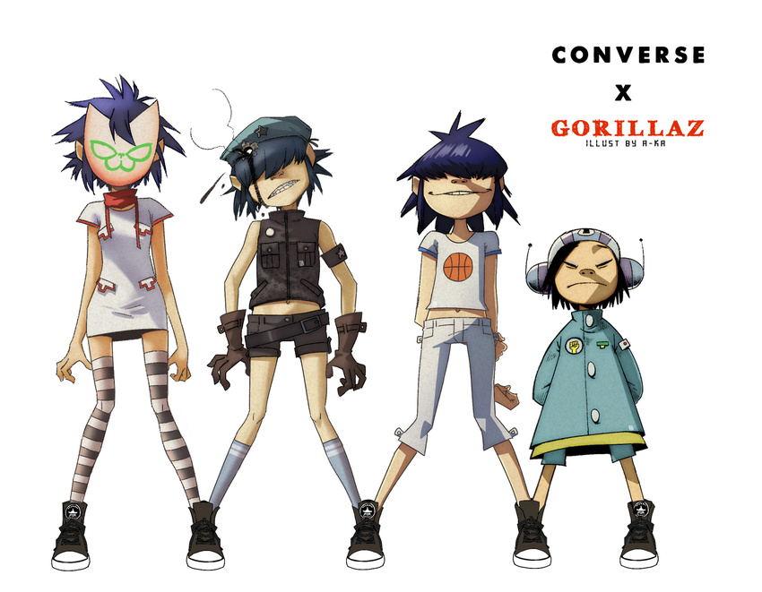 4girls a-ka age_comparison age_progression aged_down antennae basketball_print belt black_hair blue_hair bullet_hole buttons commentary_request converse cyborg_noodle_(gorillaz) dress dual_persona gloves gorillaz grin hair_over_eyes hat japanese_flag lolicon mask multiple_girls navel noodle_(gorillaz) oil pants photoshop_(medium) purple_hair shared_clothes shirt shoes short_hair short_shorts shorts sleeveless sleeveless_shirt smile smoke sneakers socks teenage teeth thighhighs time_paradox