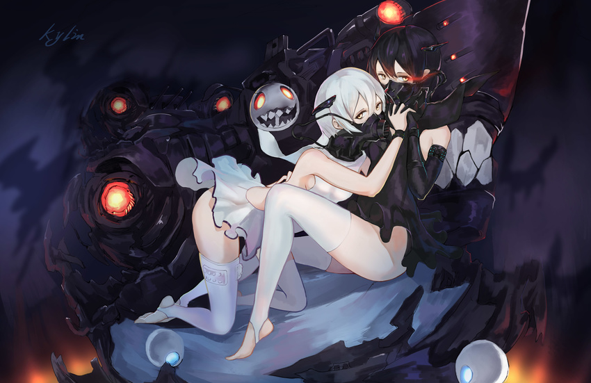 2girls absurdres abyssal_ship abyssal_twin_princess_(black) abyssal_twin_princess_(white) ankle_wrap artist_name barefoot black_hair breasts commentary_request dress elbow_gloves gloves glowing glowing_eyes hair_between_eyes headgear highres holding_hands interlocked_fingers kantai_collection kneeling leaning_on_person legs looking_at_viewer medium_breasts multiple_girls oxygen_mask photoshop_(medium) short_dress short_hair sitting sleeveless sleeveless_dress thighhighs toeless_legwear underwater white_hair yellow_eyes yun_lin