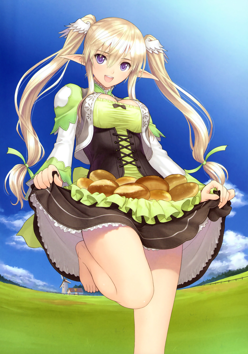 :d absurdres bare_legs barefoot blonde_hair blue_sky bread breasts cleavage corset day dress elf female food green_dress hair_ornament highres leg_up long_hair medium_breasts open_mouth photoshop_(medium) pointy_ears puffy_sleeves purple_eyes scan shannon_(shining_ark) shining_(series) shining_ark shirt skirt skirt_basket skirt_hold sky smile solo taut_clothes taut_shirt tony_taka turtleneck twintails vest