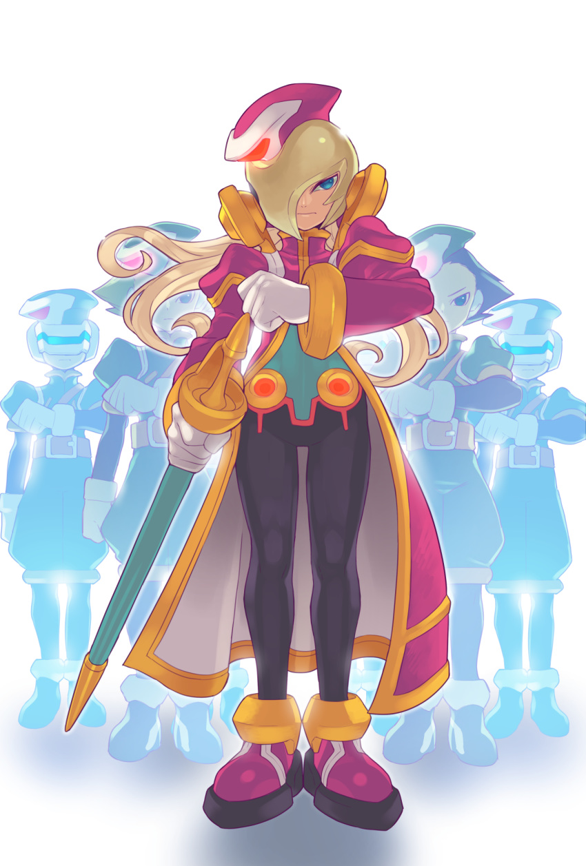 5boys androgynous belt belt_buckle blonde_hair blue_eyes boots buckle closed_mouth coat commentary_request elpizo_(mega_man) ethos_(mega_man) extra full_body gloves headgear helmet highres holding holding_sword holding_weapon juliet_sleeves kin_niku long_hair long_sleeves looking_at_viewer male_focus mega_man_(series) mega_man_zero_(series) mega_man_zero_2 multiple_boys one_eye_covered pathos_(mega_man) pink_coat pink_footwear puffy_sleeves sheath sheathed shoes simple_background solo_focus spandex standing sword weapon white_background white_gloves