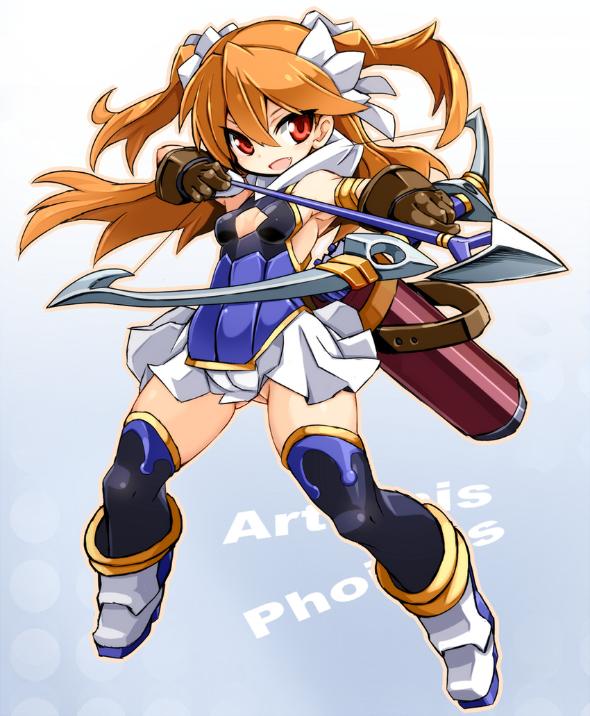 :d aiming armlet arrow_(projectile) artemis_phoebus ass_visible_through_thighs bare_shoulders blush boots bow_(weapon) brown_gloves character_name cleavage_cutout clothing_cutout commentary_request drawing_bow female gloves hair_ribbon highres holding holding_arrow holding_bow_(weapon) holding_weapon karukan_(monjya) long_hair oerba_yun_fang open_mouth orange_hair outline outstretched_arm pleated_skirt quiver red_eyes ribbon shinrabanshou skirt smile solo thighhighs two_side_up weapon