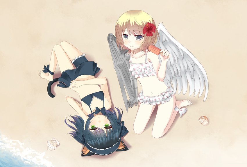 1boy angel angel_wings animal_ears asymmetrical_wings bad_id bad_pixiv_id beach bikini bikini_skirt black_hair blonde_hair borrowed_character bow bowtie cassie_(acerailgun) cat_ears cat_tail cyborg feathered_wings female flat_chest flower food frilled_bikini frills green_eyes grey_eyes hair_flower hair_ornament hibiscus highres kiki_(tsunya) long_hair lying mechanical_arms mechanical_wings navel original otoko_no_ko popsicle ryoune_yami seashell shell short_hair single_mechanical_arm swimsuit tail wings