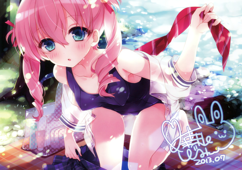 bag blue_eyes blush breasts cameltoe clothes_pull collarbone dated female highres leaning_forward leg_lift long_hair michioka_airi moriyama_shijimi necktie off_shoulder one-piece_swimsuit open_clothes open_mouth open_shirt outdoors pink_hair ribbon school_swimsuit school_uniform shirt shoes shoujo_shin'iki_shoujo_tengoku skirt skirt_pull small_breasts socks solo swimsuit swimsuit_under_clothes twintails undressing unworn_necktie unworn_shoes unworn_skirt