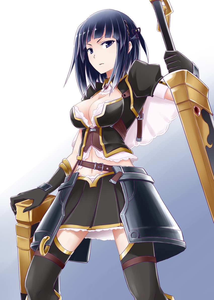 armor bad_id bad_pixiv_id belt black_legwear black_skirt blue_eyes blue_hair breasts cleavage commentary_request cowboy_shot female hair_ornament highres jamg336 medium_breasts navel photoshop_(medium) raven_(sennen_sensou_aigis) sennen_sensou_aigis sheath sheathed skirt solo standing sword weapon