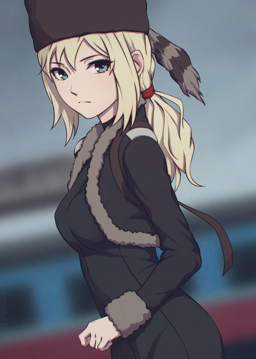 blonde_hair blue_eyes breasts commentary cowboy_shot darker_than_black female from_side fur-trimmed_sleeves fur_hat fur_trim hat highres looking_at_viewer medium_breasts miura-n315 solo tanya_(darker_than_black)