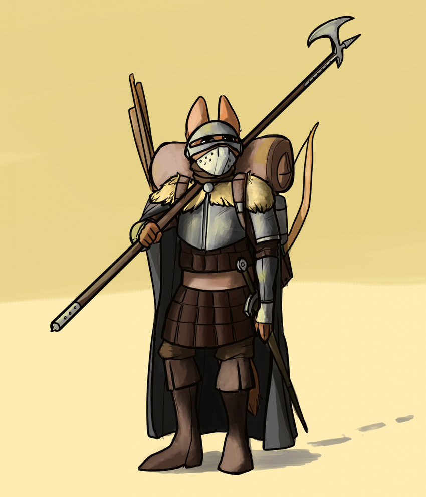 2015 anthro armor avoid_posting biped bow_(weapon) canid canine clothed clothing convincing_weapon full-length_portrait gambeson halberd hi_res holding_object holding_weapon long_ears male mammal mask melee_weapon plate_armor polearm portrait ranged_weapon rml simple_background solo standing sword weapon yellow_background