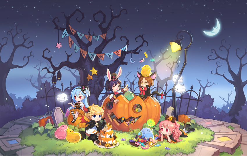 2boys 3girls :d ;d ^_^ anais_del_caril angry animal_ears bare_shoulders bare_tree bat_(animal) bell benya_(tales_weaver) bird black_bow black_cape black_hat black_vest blonde_hair blue_eyes blue_hair bow bowtie brown_eyes brown_hair cake candy candy_cane cape cat_ears cat_tail character_request clenched_teeth closed_eyes collarbone commentary_request creature crescent_moon detached_sleeves eating eye_contact fence floating flower food fork ghost glasses glowing grass hairband hairbow halloween happy_halloween hat hat_bow hat_flower hat_ornament head_rest headband highres holding holding_plate horns jack-o'-lantern jingle_bell juggling lamppost leaf light lollipop long_hair long_sleeves looking_at_another loose_thighhigh lucian_kaltz lying maximin_liebkne moon multiple_boys multiple_girls night night_sky on_stomach one_eye_closed open_mouth orange_skirt outdoors outstretched_arms outstretched_hand pantyhose photoshop_(medium) pink_bow pink_hair plant plate pointing ponytail puffy_short_sleeves puffy_sleeves pumpkin rabbit_ears red_bow red_bowtie red_eyes round_teeth sang_ah_yoon short_sleeves sitting skirt skull sky sleeping slime_(creature) smile star_(sky) star_(symbol) starry_sky string_of_flags striped_clothes striped_headwear striped_pantyhose sweets tail tales_weaver teeth tombstone top_hat tree vampire_costume vest yellow_eyes