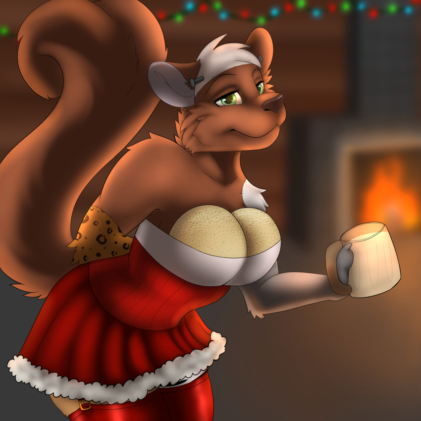 1:1 anthro brown_body brown_fur christmas christmas_lights clothed clothing crossdressing eggnog fireplace fluffy fluffy_tail food francis_n_stein fruit fur green_eyes hair hi_res holidays male mammal melon nauticalcanine patchwork_creature plant rodent sciurid solo tail tree_squirrel white_hair