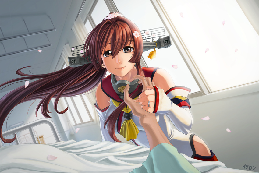 bad_id bad_pixiv_id bed brown_eyes brown_hair cherry_blossoms commentary_request detached_sleeves female flower hair_flower hair_ornament holding_hands hospital_bed iketatsu_shizuru jewelry kantai_collection kikumon long_hair out_of_frame petals ponytail pov pov_hands ring smile solo_focus very_long_hair wedding_ring yamato_(kancolle)