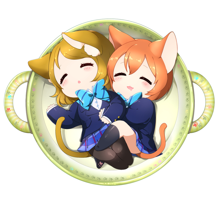 2girls :3 animal_ears blazer brown_hair cat_ears cat_tail chibi commentary_request drooling hoshizora_rin hug in_container jacket kemonomimi_mode koizumi_hanayo love_live! love_live!_school_idol_project multiple_girls neko_nabe ng_(kimjae737) open_mouth orange_hair otonokizaka_school_uniform pantyhose paw_print plaid plaid_skirt pleated_skirt pot ribbon saliva school_uniform short_hair skirt sleeping tail