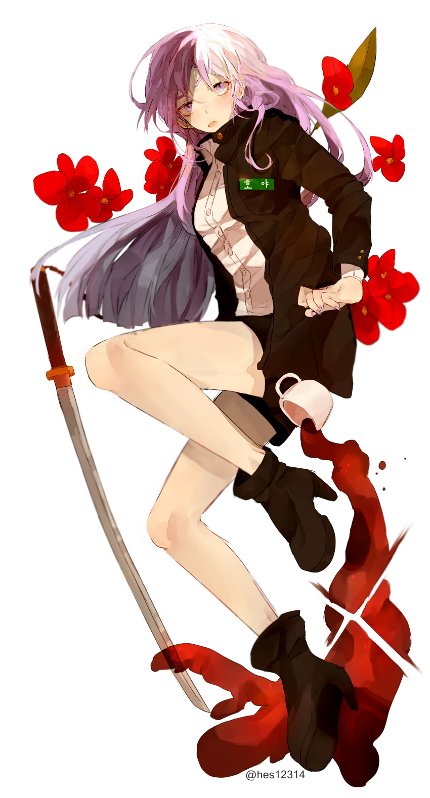 absurdres artist_name black_footwear black_shirt black_shorts boots commentary_request cup female fingernails flower full_body gakuran high_heels highres katana knees_up korean_text long_hair long_sleeves looking_at_viewer nail_polish open_clothes open_shirt pocket purple_eyes purple_hair purple_nails red_flower school_uniform shirt shorts simple_background solo spill sword teacup translation_request twice12314 twitter_username very_long_hair weapon white_background white_shirt