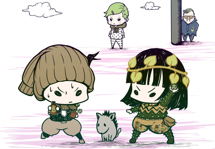 animal black_hair bottle chibi cloud commentary_request dainenjiyama_aisho damo_tamaki facial_hair facial_mark floral_print food fruit green_hair grey_hair hat headband higashikata_jobin holding iwasuke_(jojo) jojo_no_kimyou_na_bouken jojolion moustache plant pot pouch reon_(unakowaffxi) rokakaka sunglasses sweat yagiyama_yotsuyu